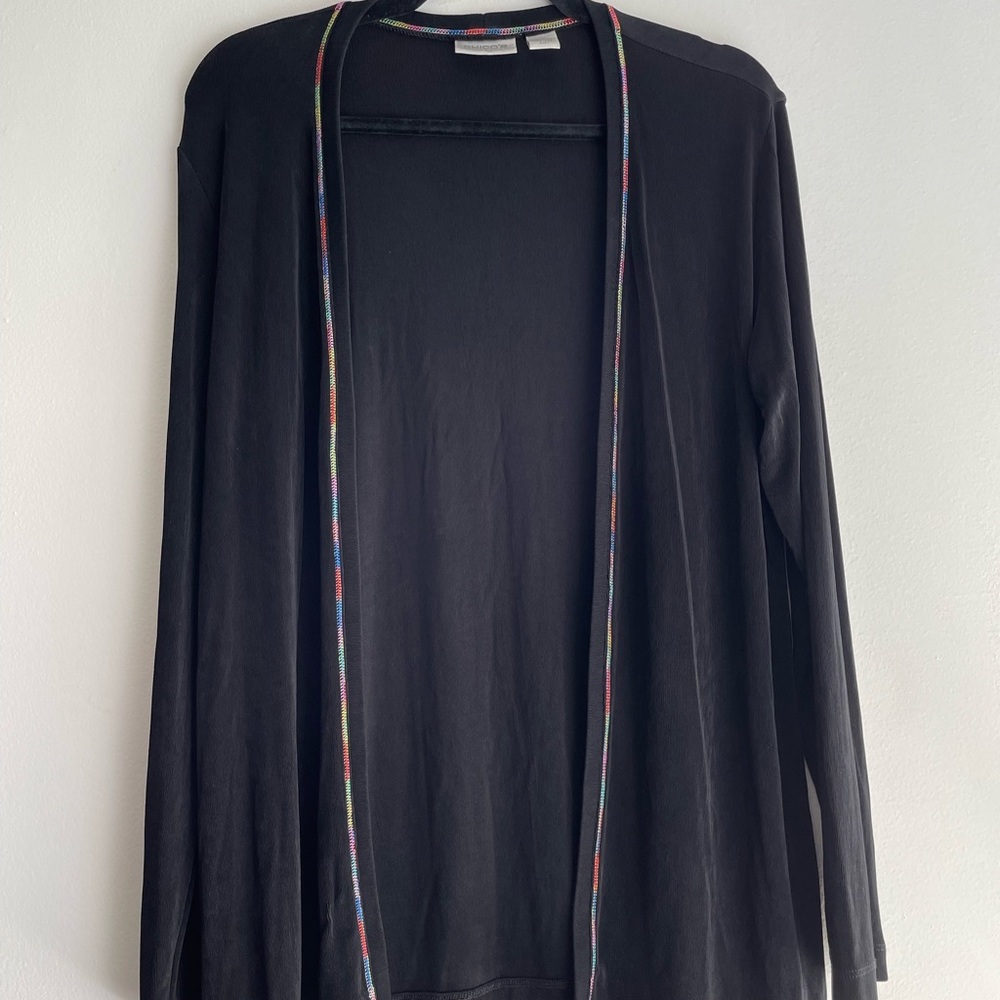 CHICOS TRAVELERS Sz 1 (M) Black Long Sleeve Open Jacket with Rainbow Trim